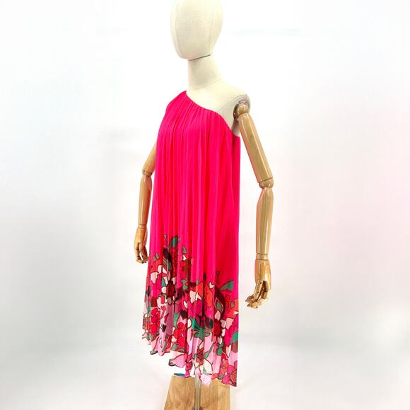 Ted Baker Hot Pink Pleated Floral One-Shoulder Asymmetrical Pleated Maxi Dress - Picture 1 of 7